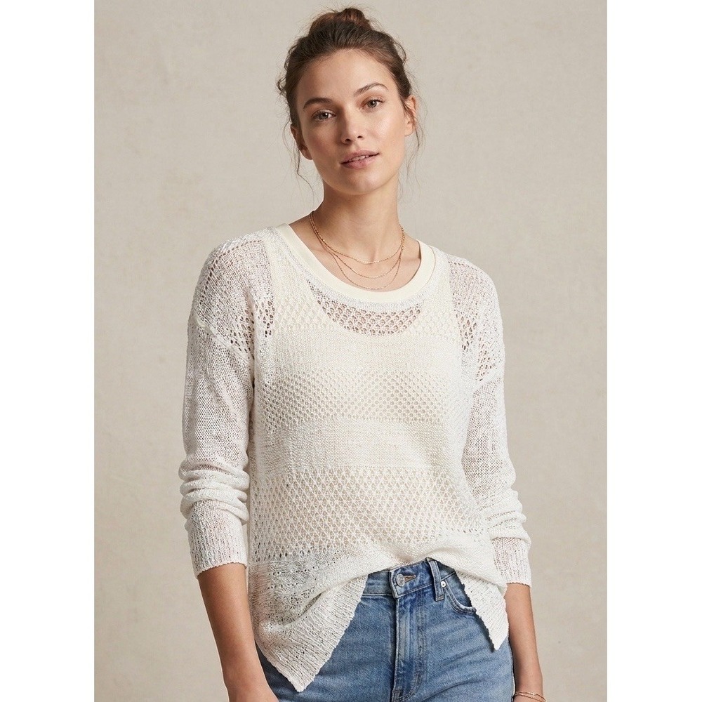 Helmut Lang Ivory 100% Linen Open Knit Crochet Sweater Coastal Resort Luxury M